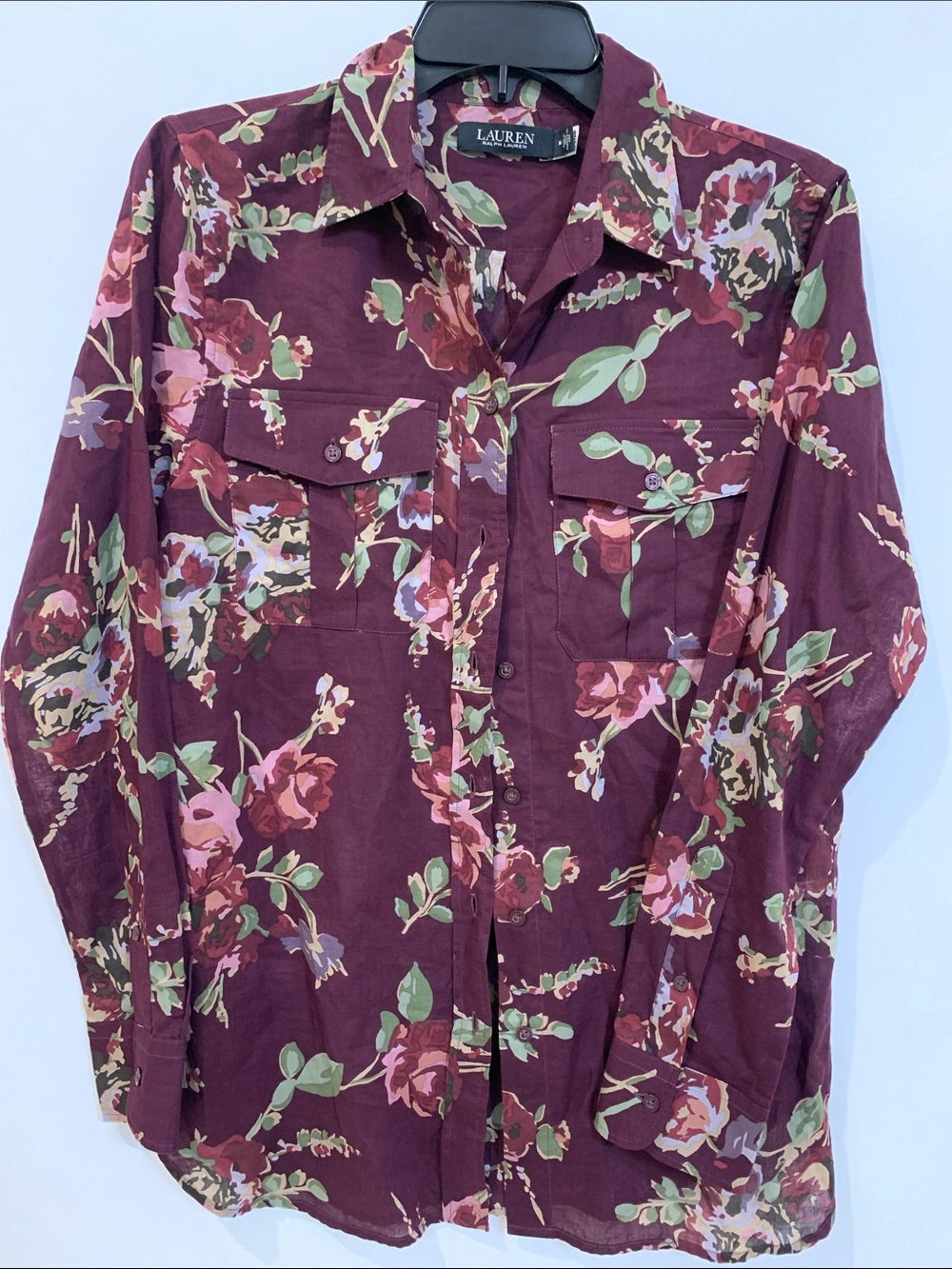 Lauren Ralph Lauren womens sheer Burgundy Floral Button-Up Shirt